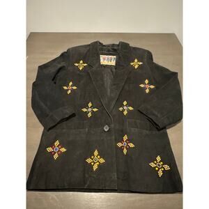 1990's Atlantic Beach Leather Coat Works Black Jacket w Jewel Rhinestones Medium
